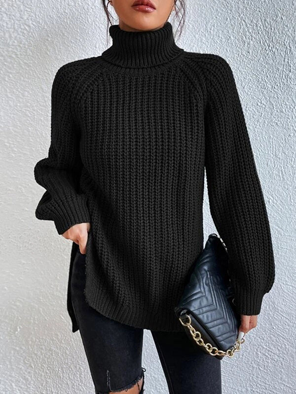 flowersverse Solid Color Split-side Long Sleeves Loose High Neck Sweater Tops Pullovers
