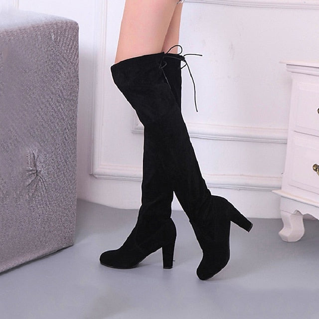 flowersverse Autumn Boots Women's Boots Suede Shoes Heel Boots Daily Over The Knee Boots Winter Lace-up Chunky Heel Round Toe Walking Shoes Suede Loafer Solid Colored Black Red Brown