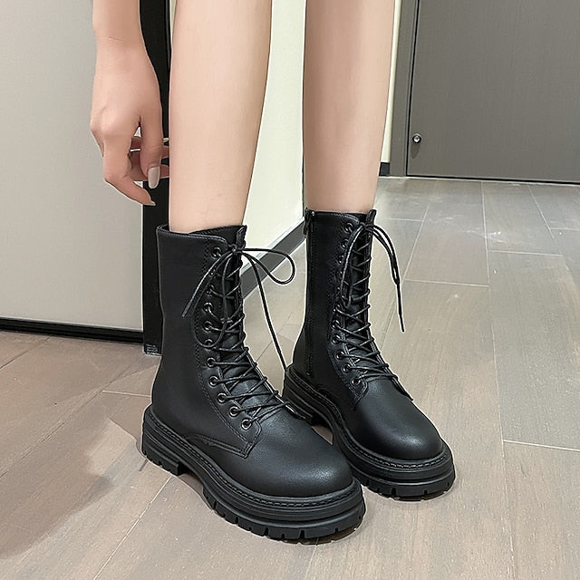 flowersverse Autumn Boots Women's Boots Martin Boots Plus Size Lace Up Boots Daily Walking Zipper Chunky Heel Round Toe Elegant Casual Comfort Walking Shoes Faux Leather Lace-up Solid Color Black White