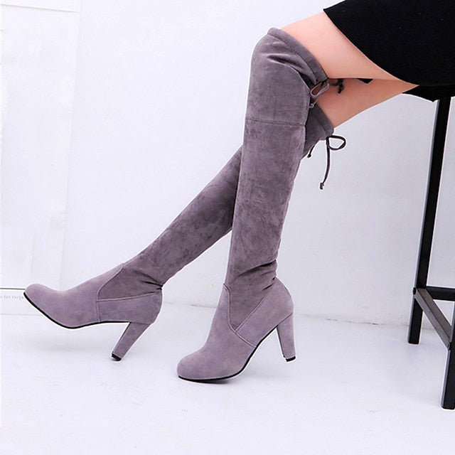 flowersverse Autumn Boots Women's Boots Suede Shoes Heel Boots Daily Over The Knee Boots Winter Lace-up Chunky Heel Round Toe Walking Shoes Suede Loafer Solid Colored Black Red Brown