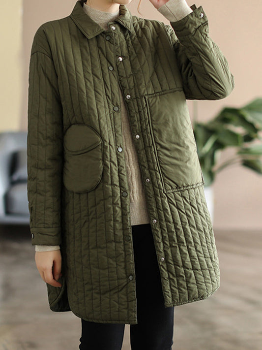 flowersverse Asymmetric Buttoned Pockets Quilted Solid Color Split-side Long Sleeves Loose Lapel Padded Coat