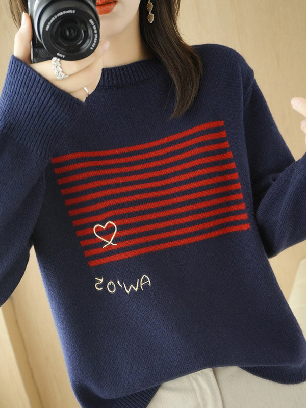 flowersverse Casual Loose Long Sleeves Striped Round-Neck Sweater Tops