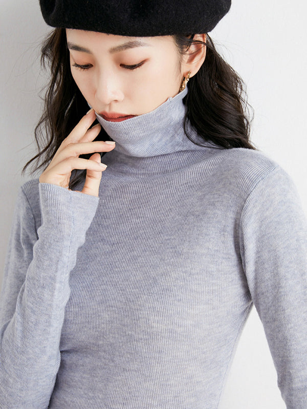 flowersverse Simple Skinny Long Sleeves Solid Color High-Neck Sweater Tops Pullovers