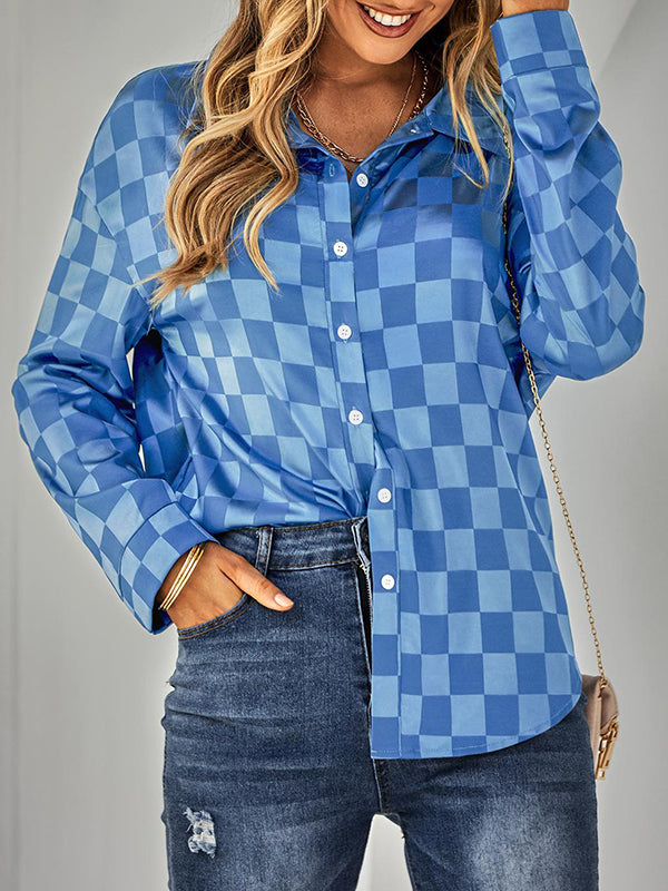flowersverse Buttoned Plaid Long Sleeves Loose Lapel Blouses&shirts Tops