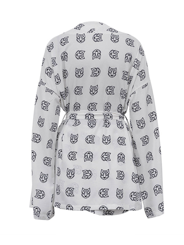 flowersverse Loose Printed Long Sleeves Tied Waist Robes + High-Waisted Short Bottom Robes Pajama Sets