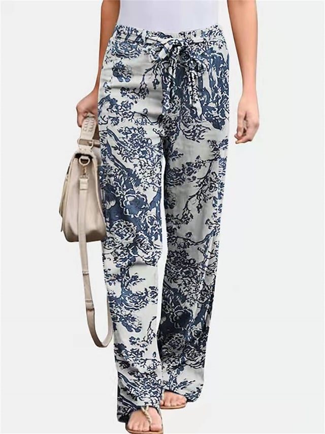 flowersverse Women's Plus Size Loungewear Pants Flower Leaves Basic Casual Comfort Home Daily Vacation Cotton Breathable Pant Spring Summer Black Yellow