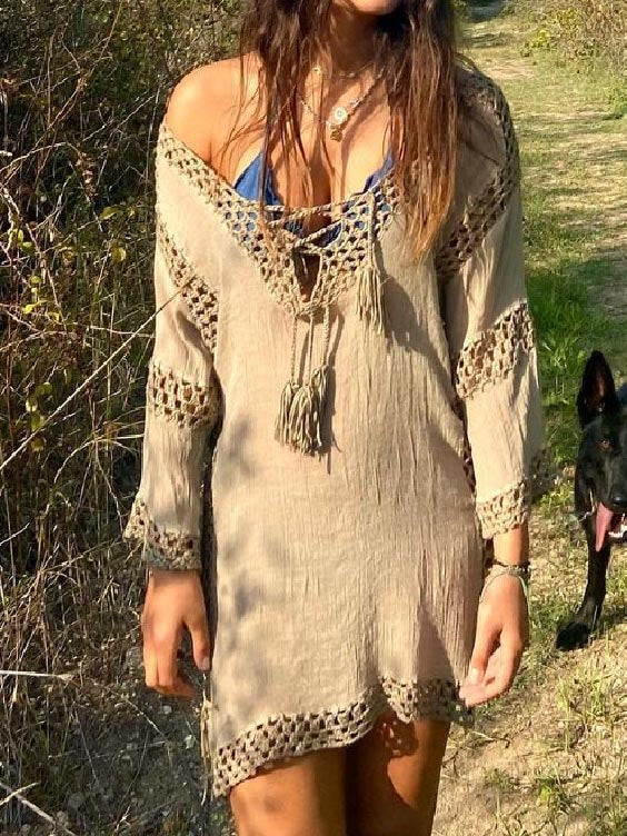 flowersverse Plus Size Solid Color Long Sleeve Vintage Casual Vacation Long Sleeve Dress S-5XL