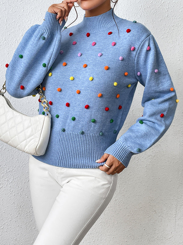 flowersverse Pompom Triming Long Sleeves Loose Round-Neck Sweater Tops Pullovers Knitwear