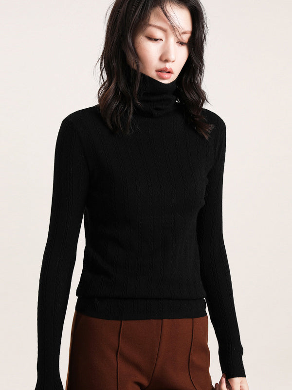 flowersverse Casual Skinny Long Sleeves Solid Color Heaps Collar Sweater Tops Pullovers