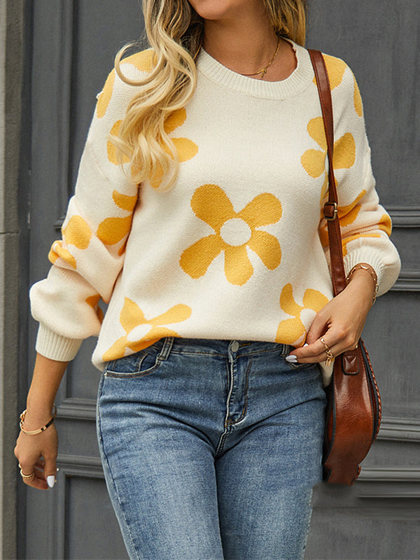 flowersverse Knitted Flower Long Sleeves Loose Round-Neck Sweater Tops Pullovers Knitwear