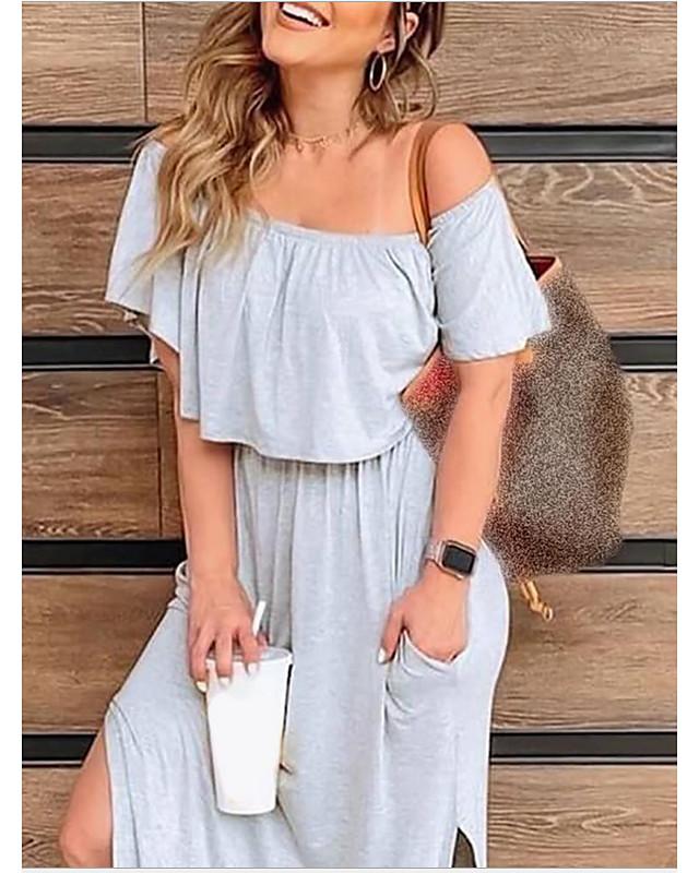 flowersverse Women's A-Line Dress Maxi Long Dress Short Sleeve Print Summer Hot Casual Chinoiserie Black Light Gray Navy Blue Gray Black Dresses