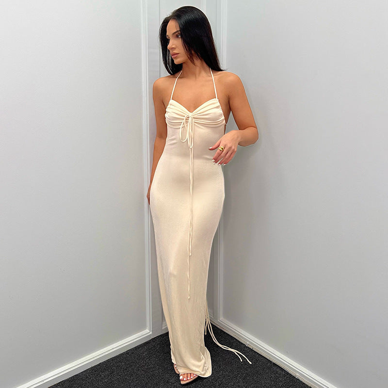 flowersverse Summer Ladies Long Dress Solid Color Sexy Low Back Straps Halter Bodycon Dress