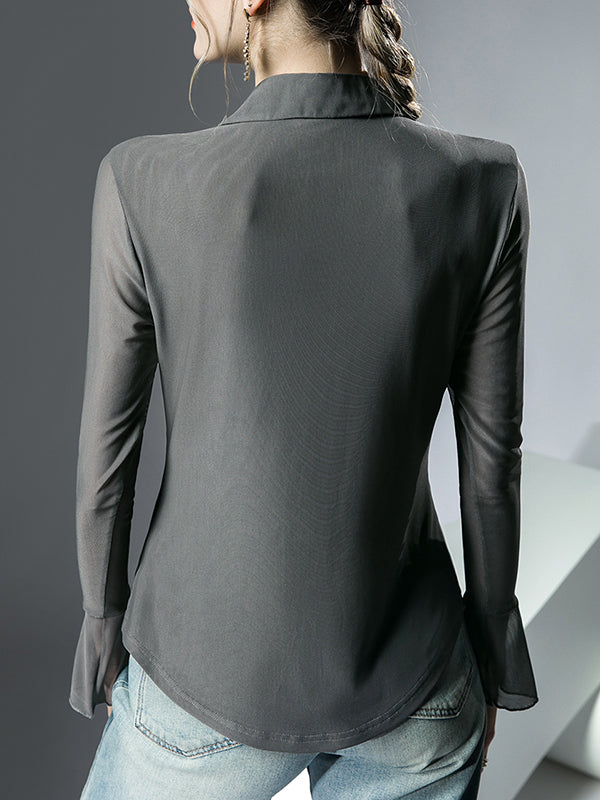 flowersverse Knot Solid Color Long Sleeves Ruffle Sleeves Lapel Blouses&Shirts Tops