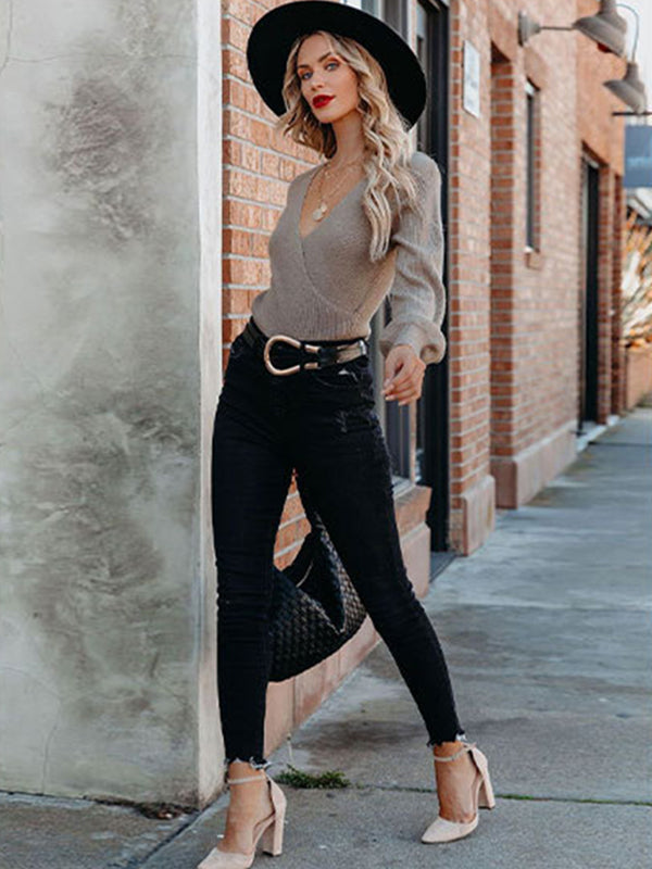 flowersverse Casual Long Sleeves Solid Color V-Neck Sweater Tops