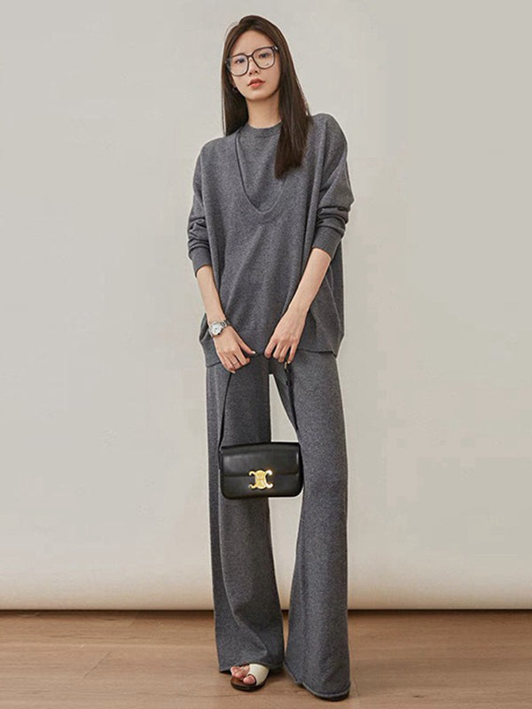 flowersverse Urban Loose Solid Round-Neck Vest Top& V-Neck Sweater Tops& Wide Leg Pants Three-Piece Set