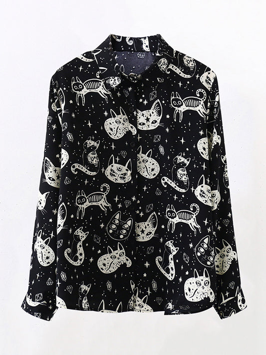 flowersverse Animal Printed Buttoned Long Sleeves Loose Lapel Blouses&Shirts Tops