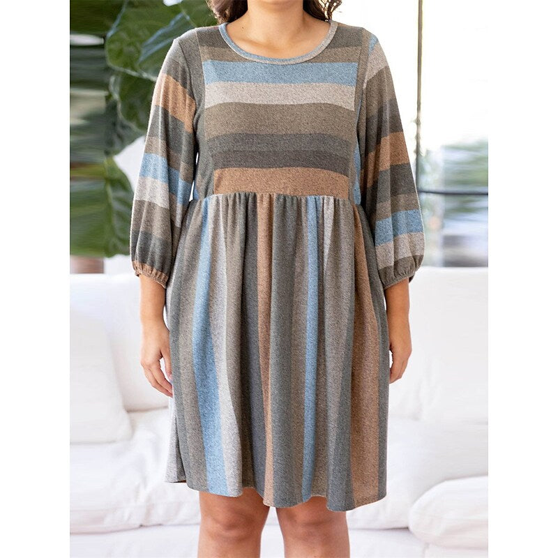 flowersverse Women's Plus Size Casual Dress A Line Dress Stripe Midi Dress Long Sleeve Ruched Pocket Crew Neck Fashion Outdoor Gray Spring Summer L XL XXL 3XL 4XL