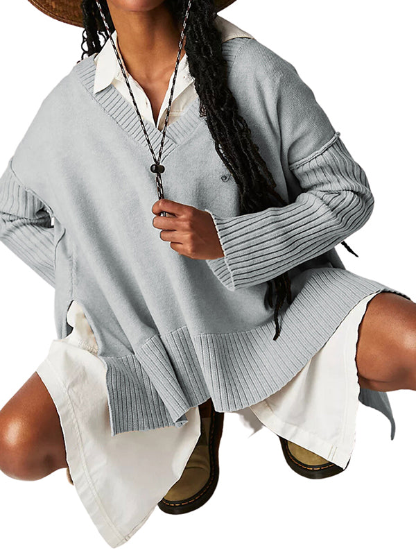 flowersverse Solid Color Split-Joint Split-Side Long Sleeves Loose V-Neck Sweater Tops Pullovers