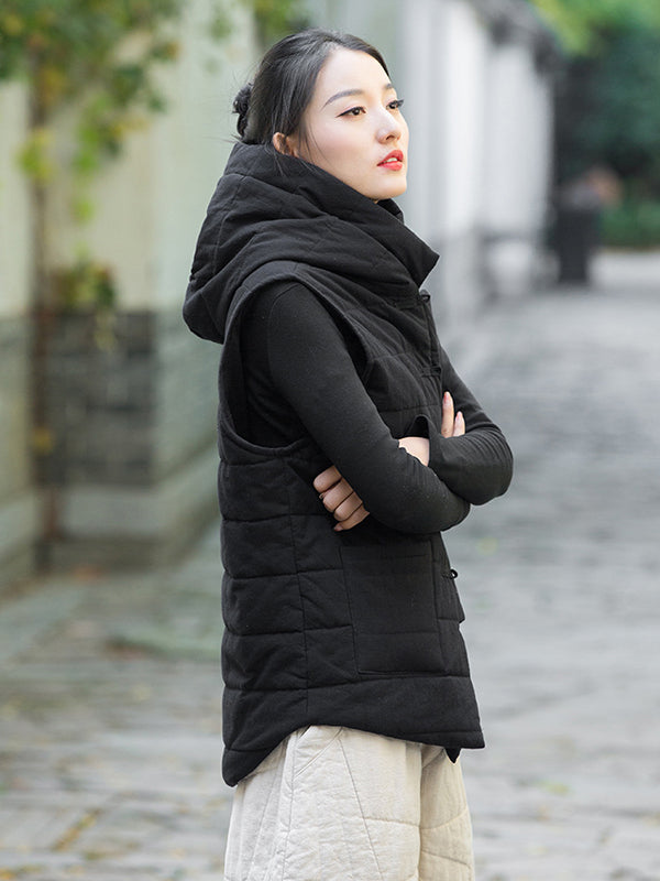 flowersverse Simple Sleeveless Loose Keep Warm Cotton Quilted Solid Color Hooded Vest Outerwear