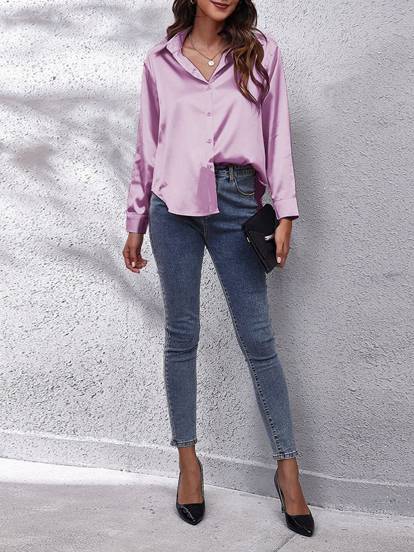 flowersverse Solid Color Long Sleeves Loose Lapel Blouses&Shirts Tops