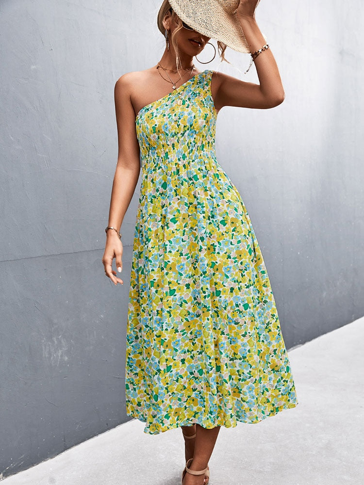flowersverse Fashionkova Summer Maxi Boho Dress Women One Shoulder Long Floral Dress Ladies Elegant Print Bohemian Flower Dress For Women