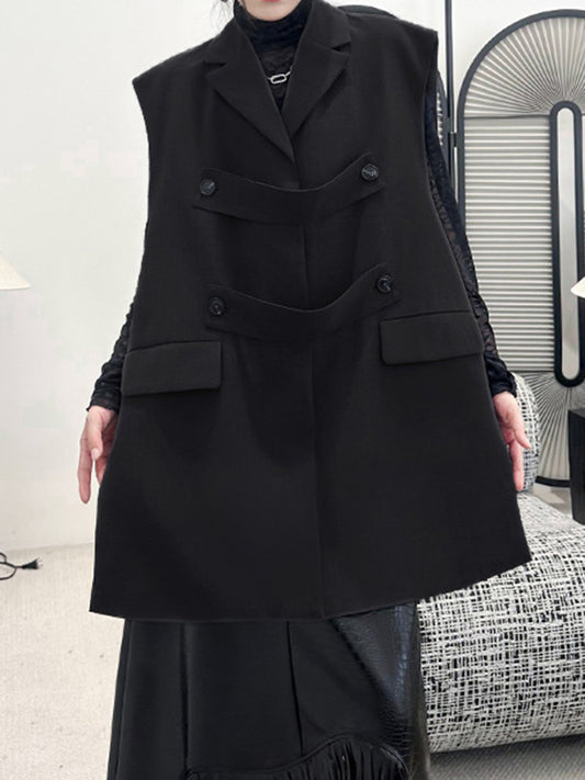 flowersverse Buttoned Pockets Split-Side Loose Sleeveless Notched Collar Vest Outerwear