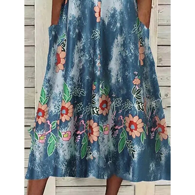 flowersverse Women's Casual Dress Summer Dress Print Dress Floral Pocket Lace Trim V Neck Midi Dress Fashion Mature Outdoor Daily Half Sleeve Loose Fit Blue Spring Summer S M L XL XXL