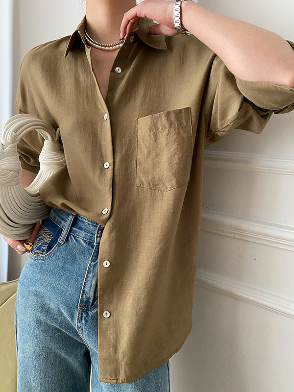 flowersverse Solid Color Lapel Blouses&Shirts Tops