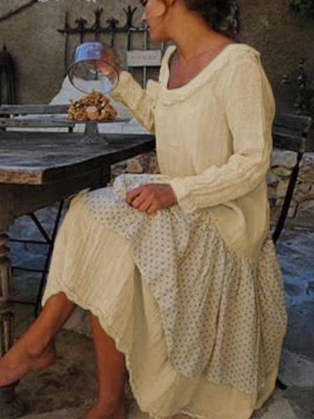 flowersverse Casual Cotton-Blend Crew Neck Weaving Dress