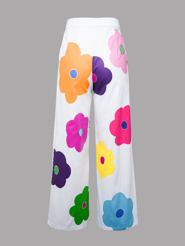 flowersverse High Waisted Wide Leg Floral Printed Multi-Colored Casual Pants Bottoms Trousers