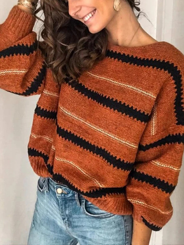 flowersverse Striped Long Sleeves Loose Round-Neck Sweater Tops Pullovers Knitwear