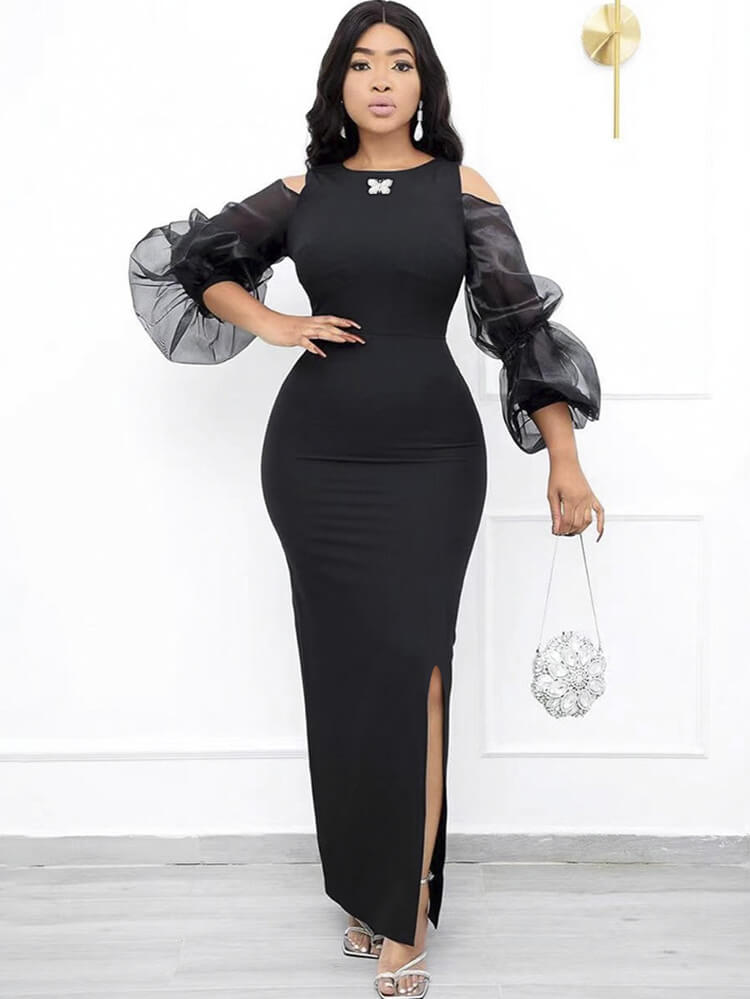 flowersverse Mesh Patchwork Lantern Sleeve Split Bodycon Maxi Dresses