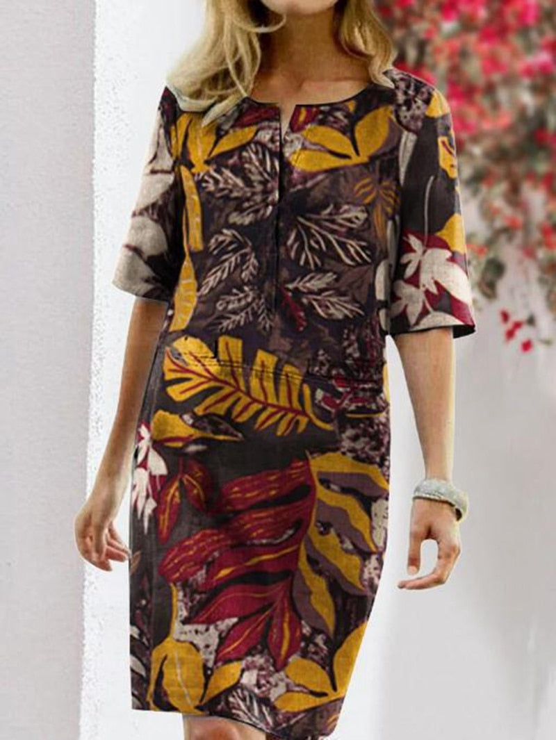 flowersverse Fashionkova Cotton Linen Boho Dress Women Summer New Floral Printed Bohemian Sundress Casual Short Sleeve O Neck Vintage Beach Vestidos