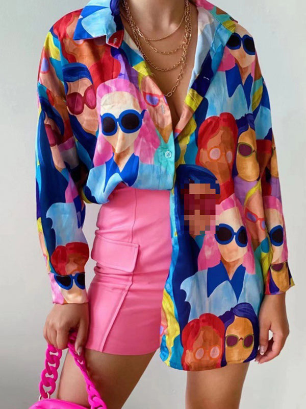 flowersverse Buttoned Figure Printed Long Sleeves Loose Lapel Blouses&Shirts Tops