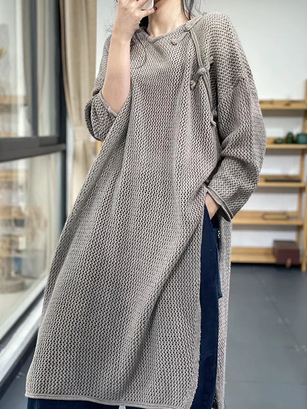 flowersverse Asymmetric Hollow Split-side Long Sleeves Loose Round-neck Sweater Tops