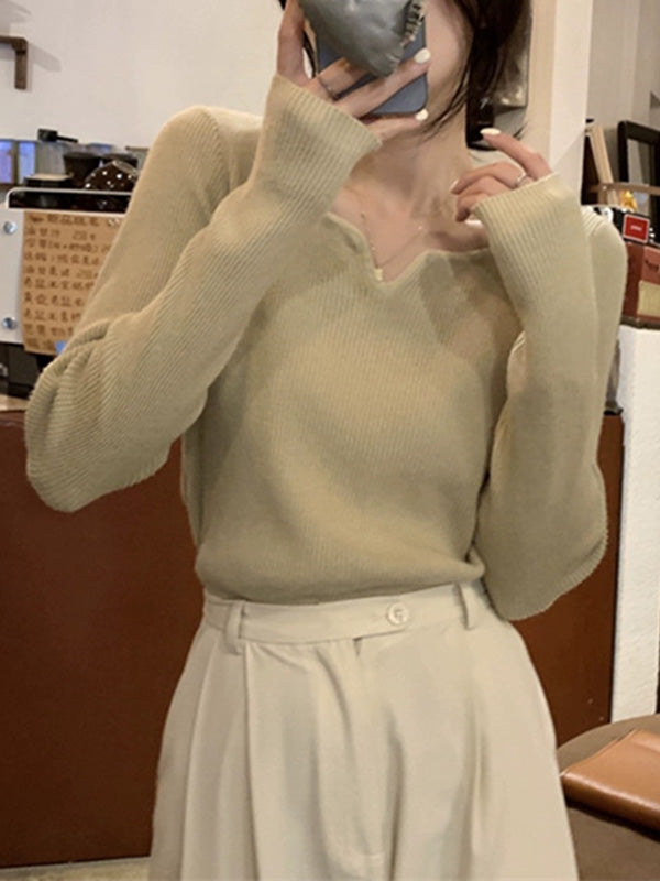 flowersverse Colorful Solid Color Long Sleeves Skinny V-neck Sweater Tops Pullovers Knitwear