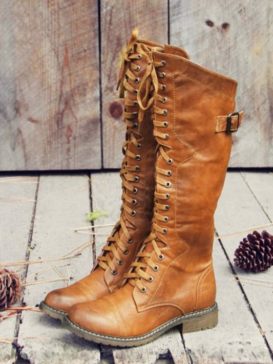 flowersverse Vintage Buckle Decor Side Zip Riding Boots