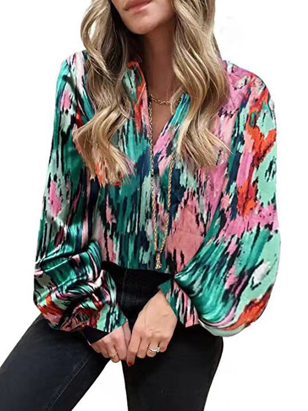 flowersverse Printed Long Sleeves Loose V-Neck Blouses&Shirts Tops