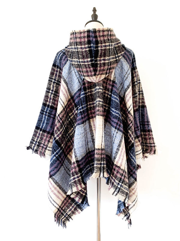 flowersverse Fringed Hooded Keep Warm Plaid Shawl&Cloak Cape