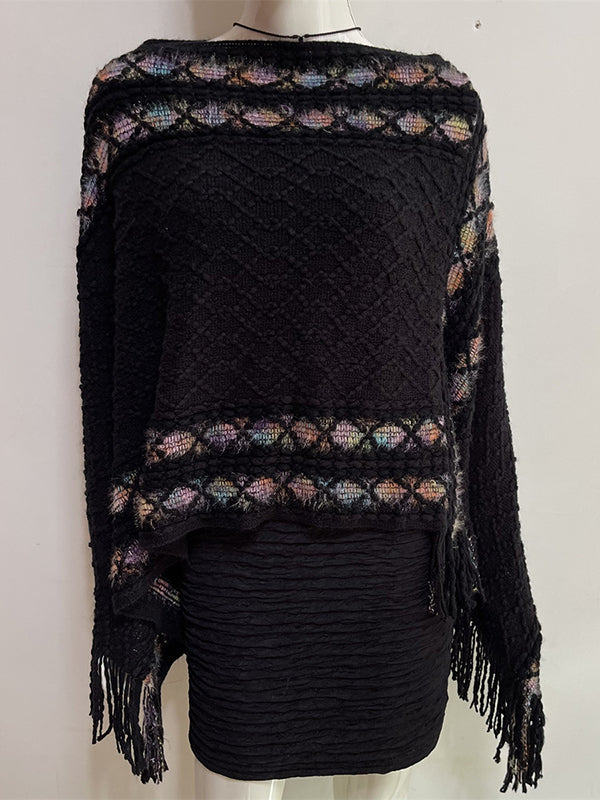 flowersverse Asymmetric Tasseled Loose V-Neck Shawl&Cloak Cape
