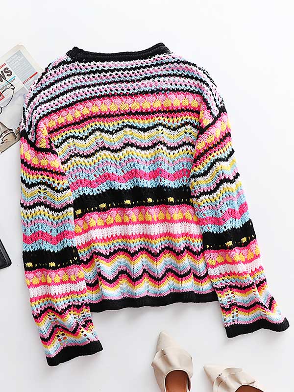 flowersverse 4 Colors Loose Contrast Color Round-Neck Sweater Top
