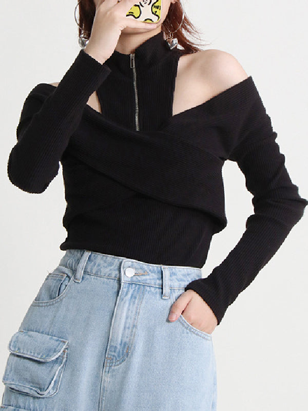 flowersverse Hollow Split-Joint Zipper Long Sleeves Skinny High-Neck Sweater Tops Pullovers