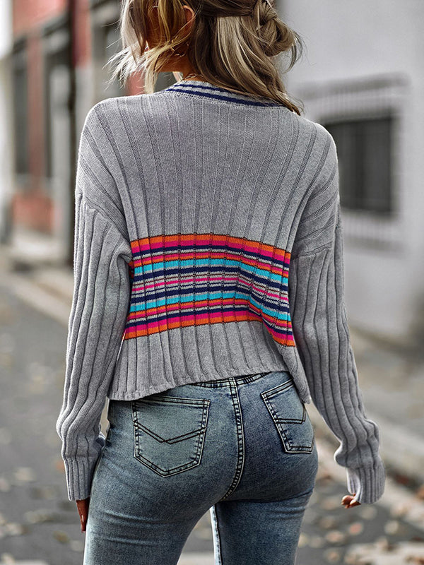 flowersverse Casual Long Sleeves Striped V-Neck Sweater Tops