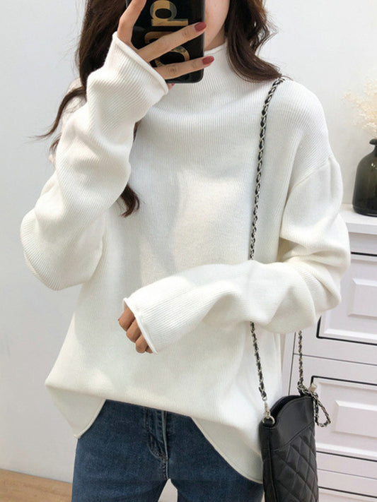 flowersverse Casual Loose Long Sleeves Solid Color Half Turtleneck Sweater Tops
