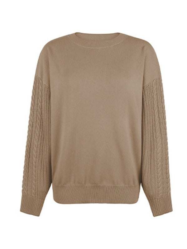 flowersverse Knitted Twist Long Sleeves Solid Color Round-Neck Sweater Tops