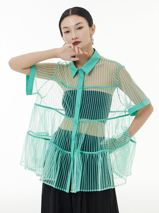 flowersverse Original Short Sleeves Loose Buttoned Mesh Pleated Solid Color Blouses&Shirts Tops
