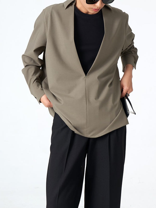 flowersverse Solid Color Long Sleeves Loose Deep V-Neck Blouses&Shirts Tops