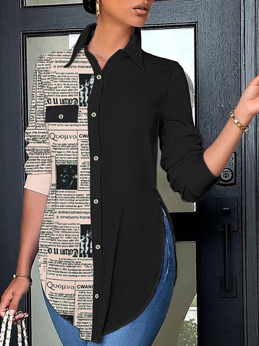 flowersverse Casual Long Sleeves Loose Letter Print Contrast Color Split-Side Polo Blouses&Shirts Tops