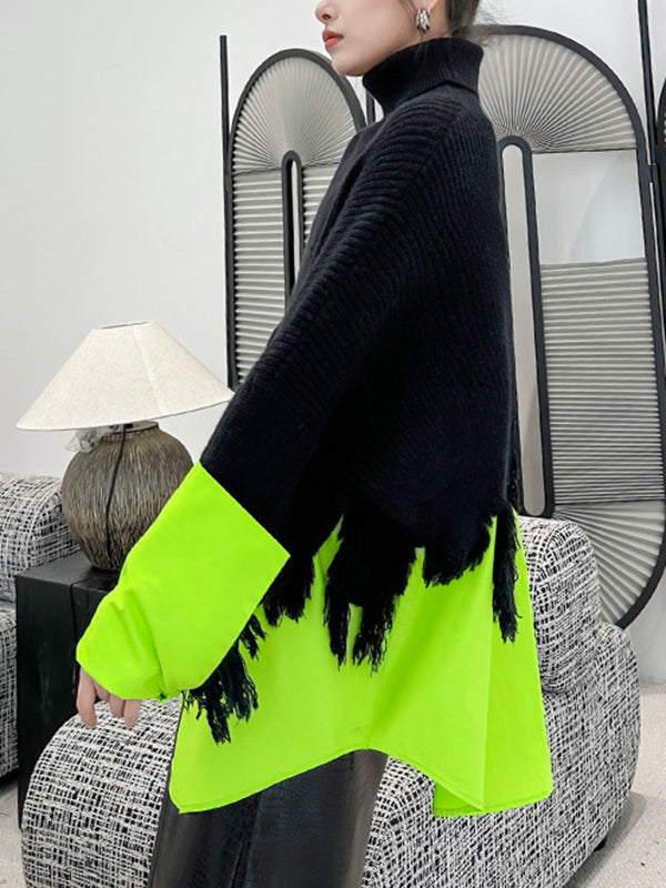 flowersverse Asymmetric Fringed Split-Joint A-Line Long Sleeves High Neck Sweater Tops Pullovers Knitwear