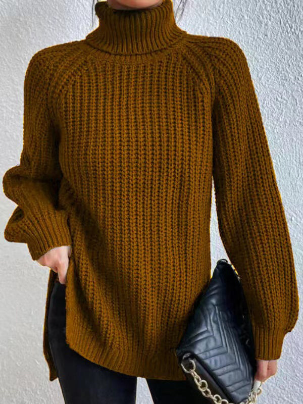 flowersverse Solid Color Split-side Long Sleeves Loose High Neck Sweater Tops Pullovers